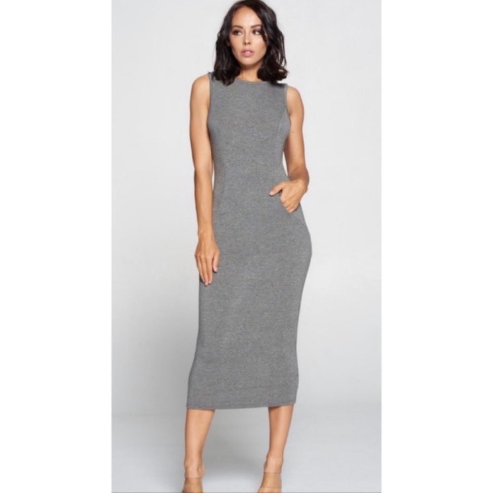 Knit Jersey Sleeveless Gray Midi Dress Size Small